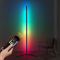 Black bedroom floor lamp with RGB lighting and smart remote control on aluminium stand