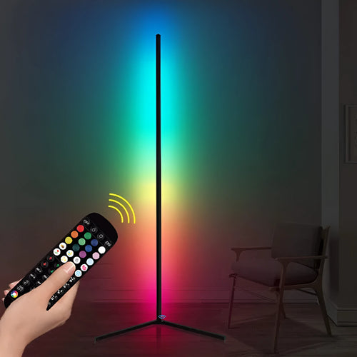 Black bedroom floor lamp with RGB lighting and smart remote control on aluminium stand