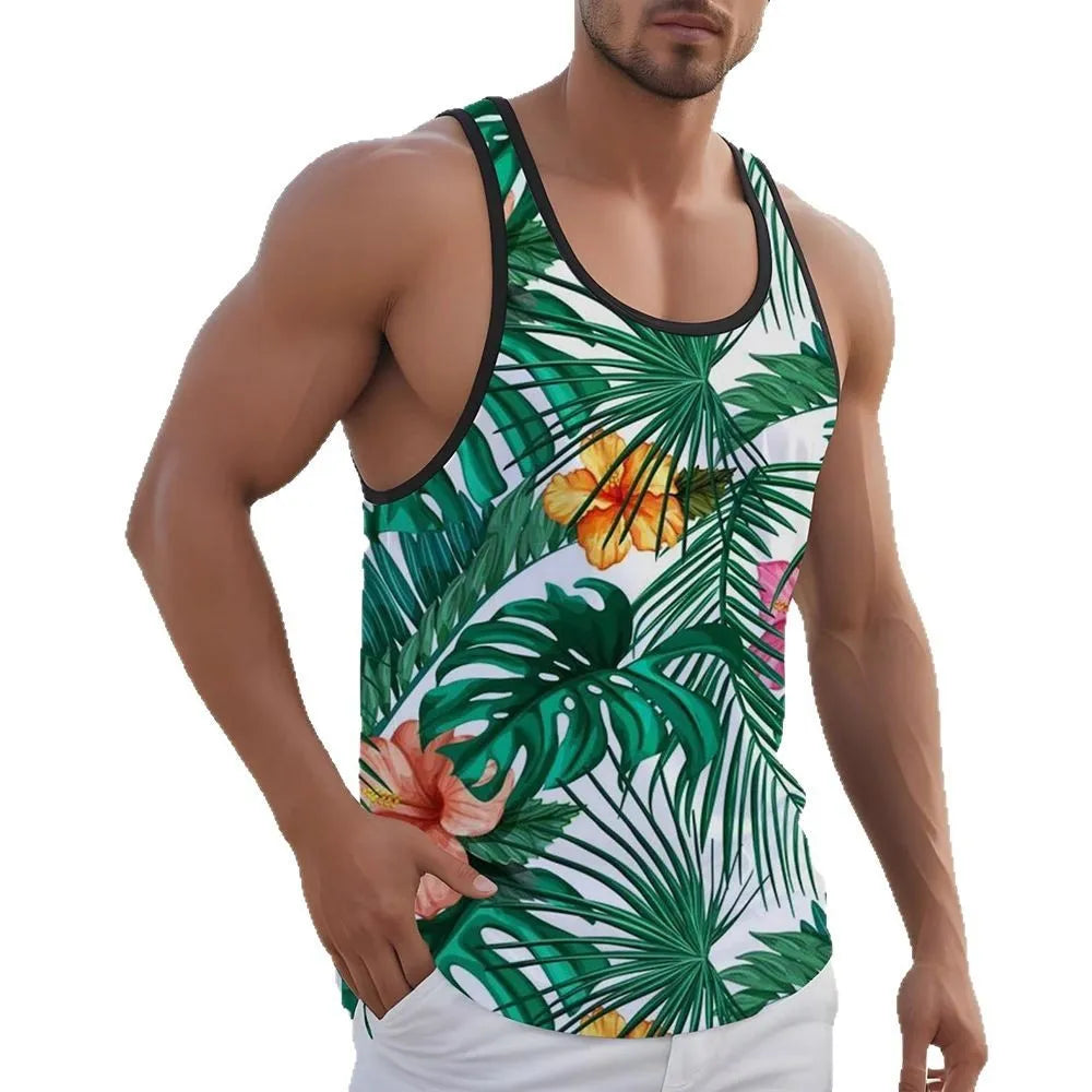 A man's solid colour Hawaiian-style sleeveless vest or tank top made from breathable pinhole cloth.