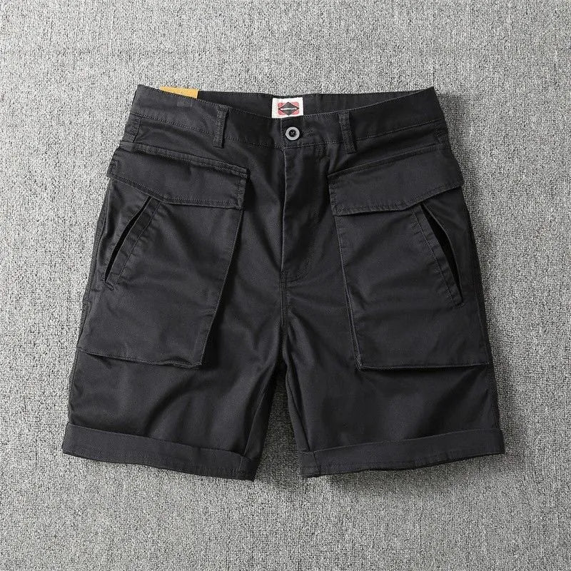 Men's straight-leg cotton cargo shorts with multiple pockets in khaki colour on a neutral background