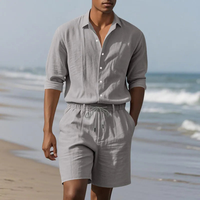 Men's linen long sleeve shirt and matching shorts set for beachwear in various colours.