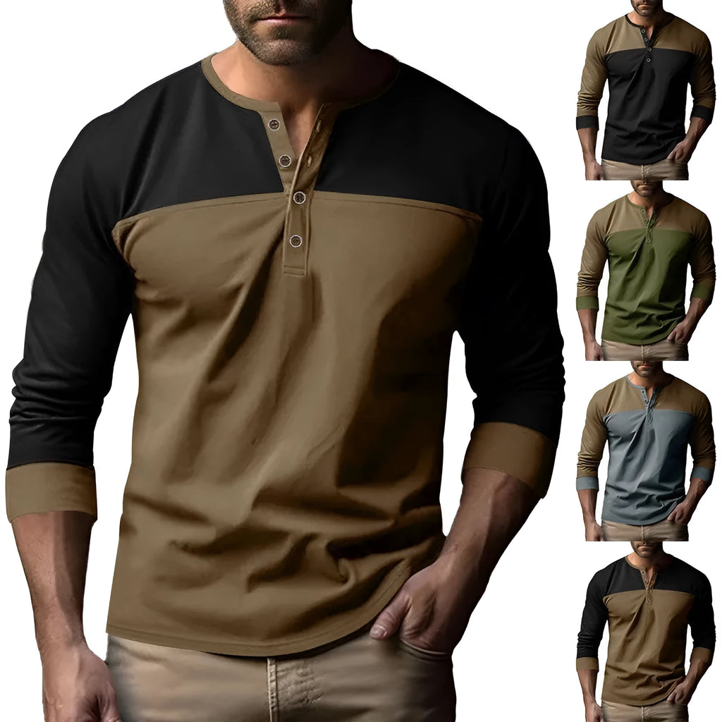 Men's brown army green long-sleeve casual shirt with Henry collar