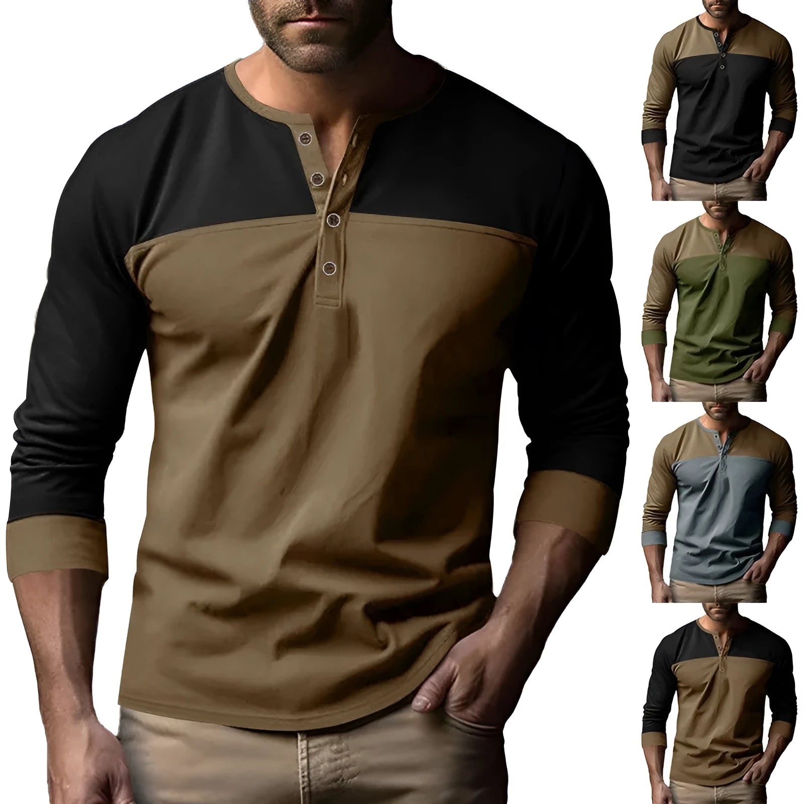 Men's brown army green long-sleeve casual shirt with Henry collar