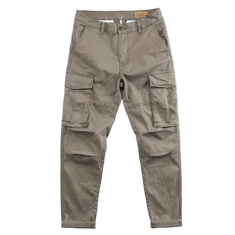 Men's solid colour cotton multi-pocket labour protection trousers in a cropped length.