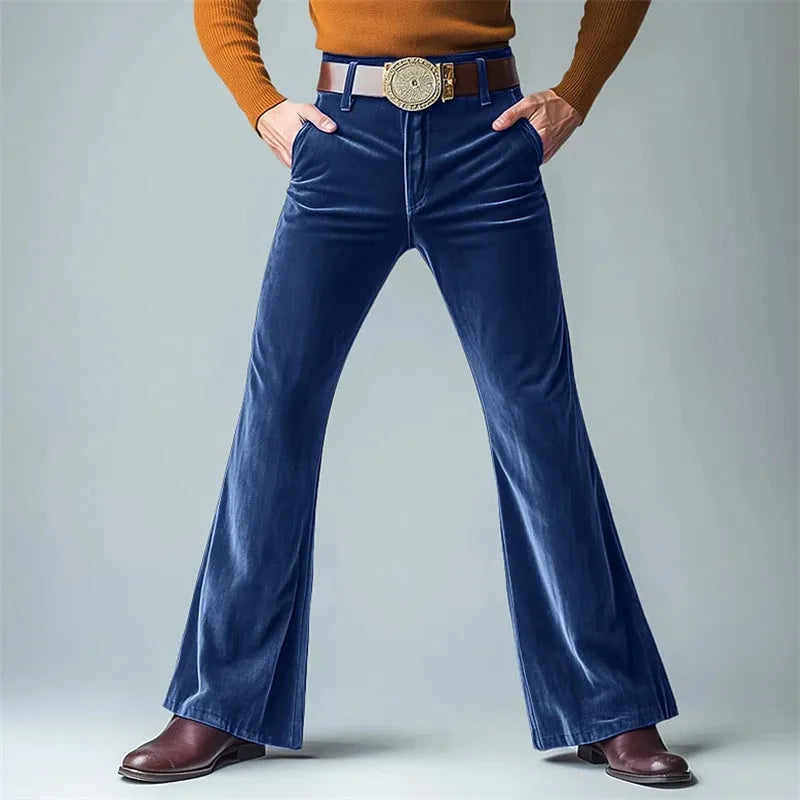 Men's gold velvet slim flared trousers in multiple colours for formal casual wear
