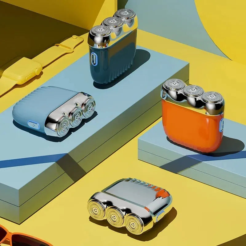 Three-head magnetic electric shaver in gun metal, orange, green or blue colours with floating cutter adjustment