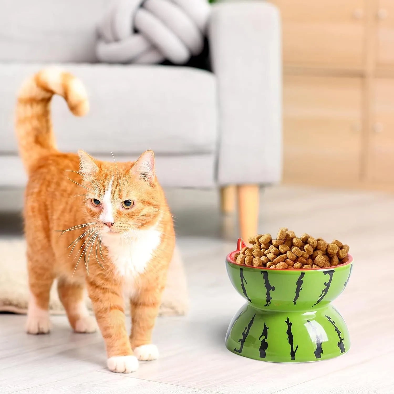 Ceramic raised cat feeder bowl in orange patterned design on a white surface.
