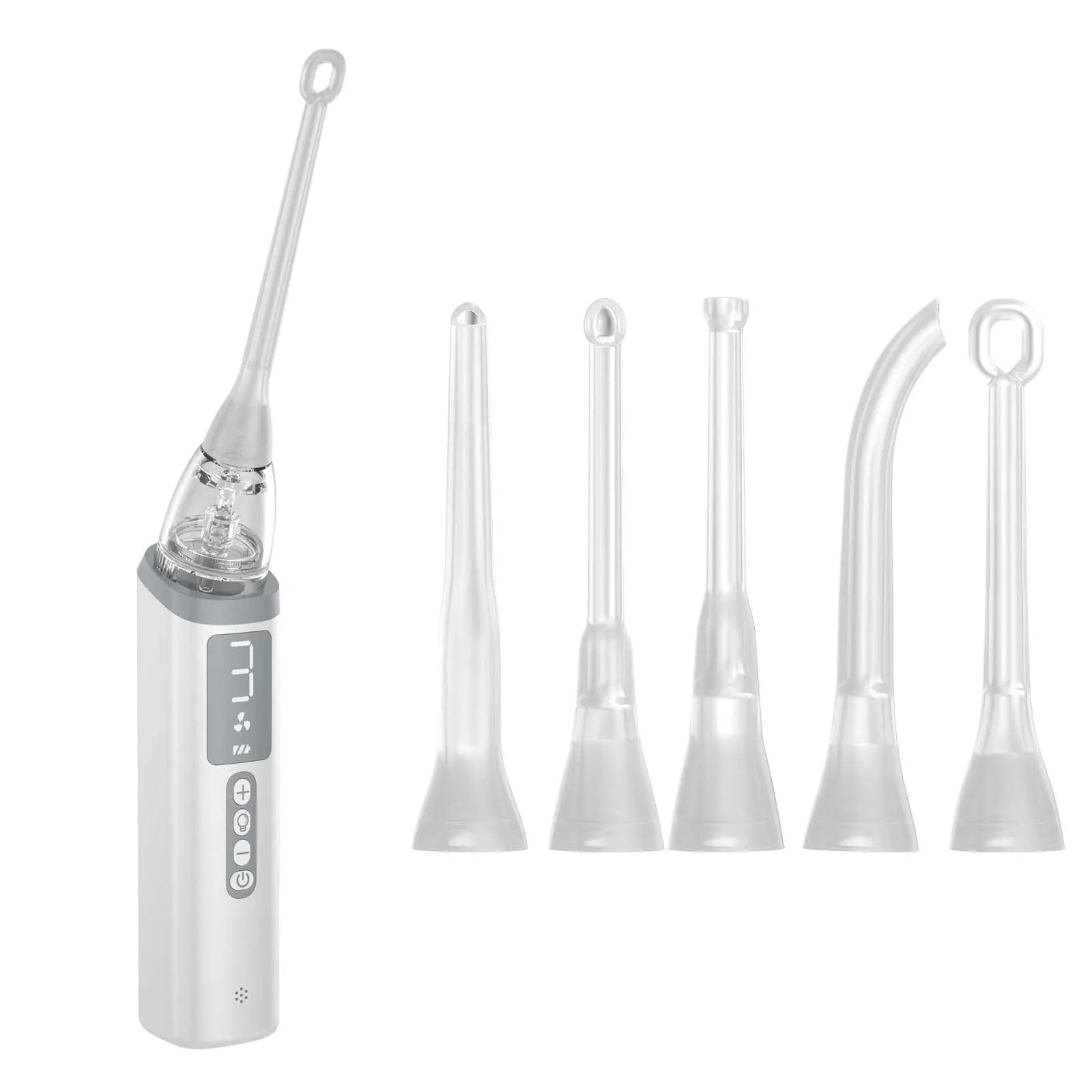 Milky white oral hygiene tool for tonsil stone and dental calculus removal.