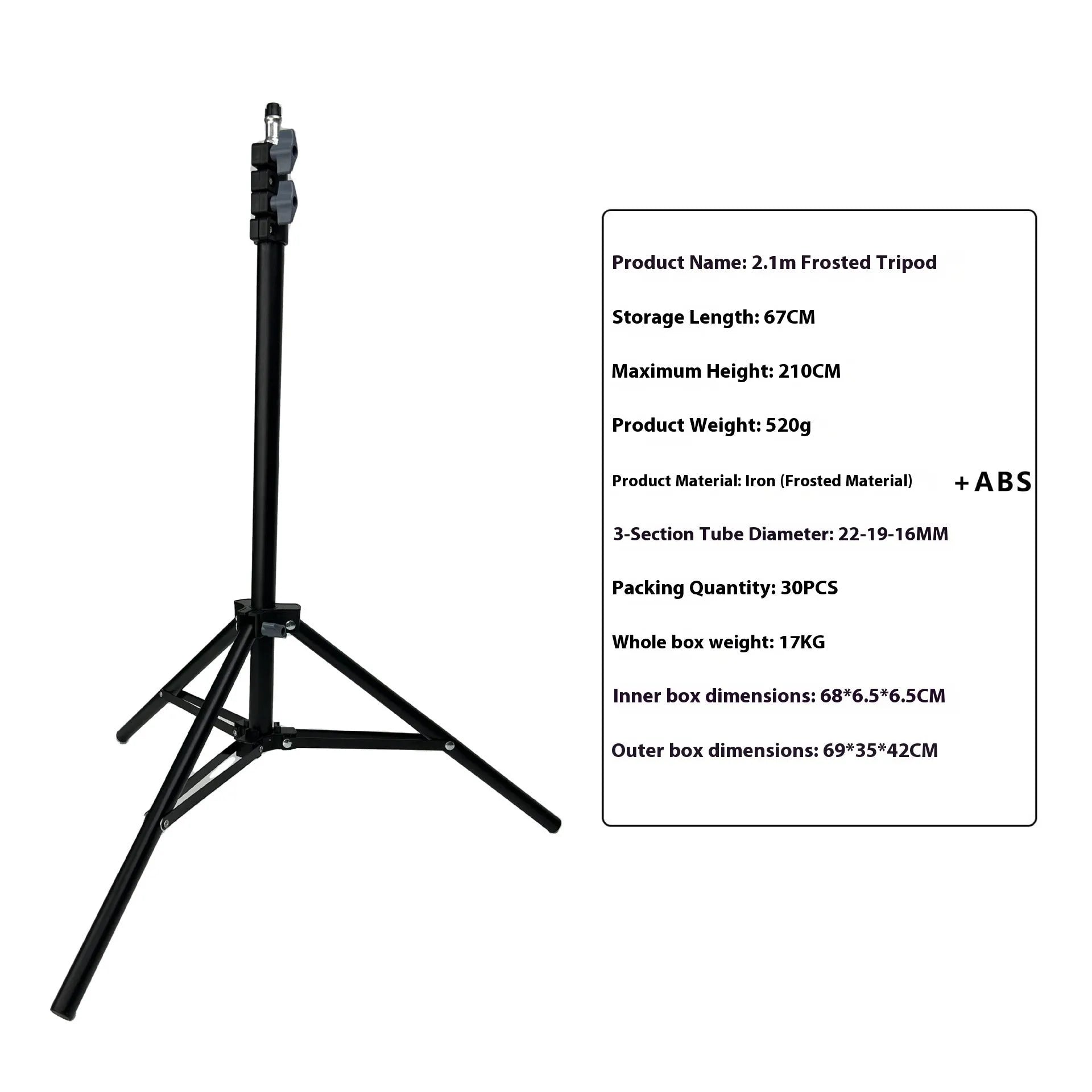 Frosted finish tripod light stand extended to full height with a mobile phone holder attached.