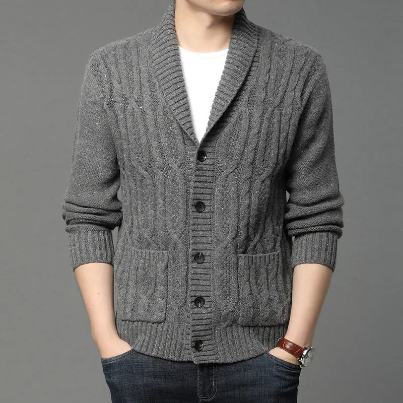 Men's Korean style jacquard patterned knitted cardigan jacket in straight cut with thickening polyester blend fabric