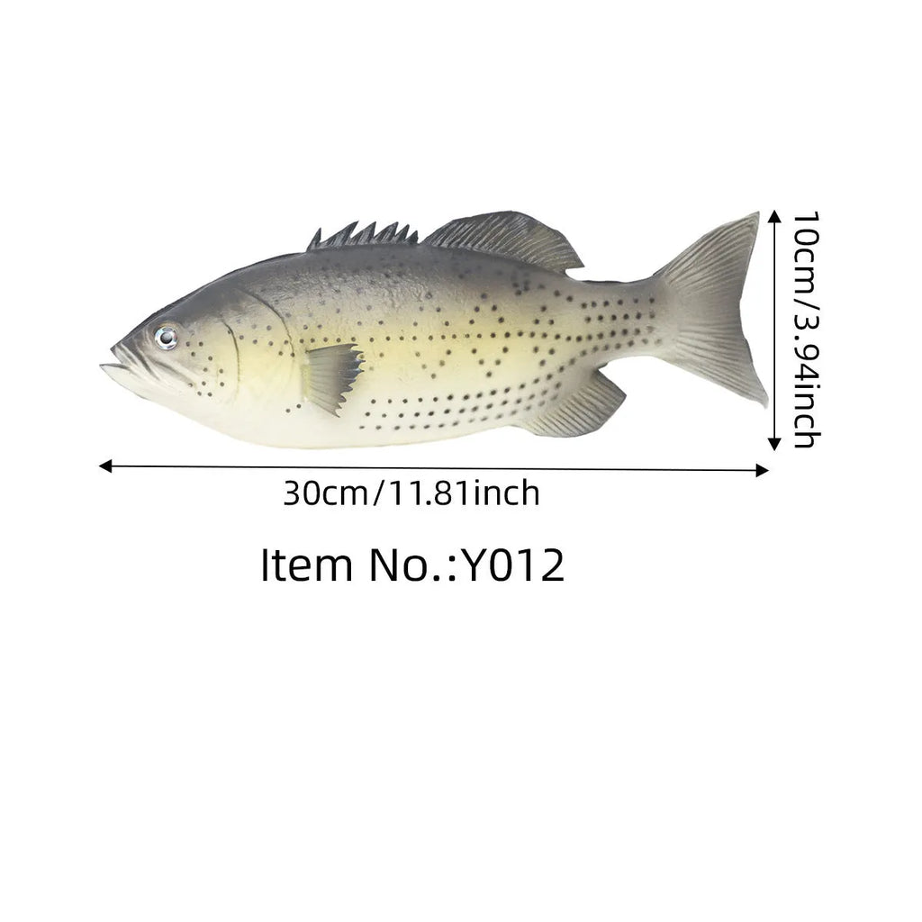 Set of three PU simulated fish model ornaments: yellow-fin tuna, flower fish, and yellow croaker.