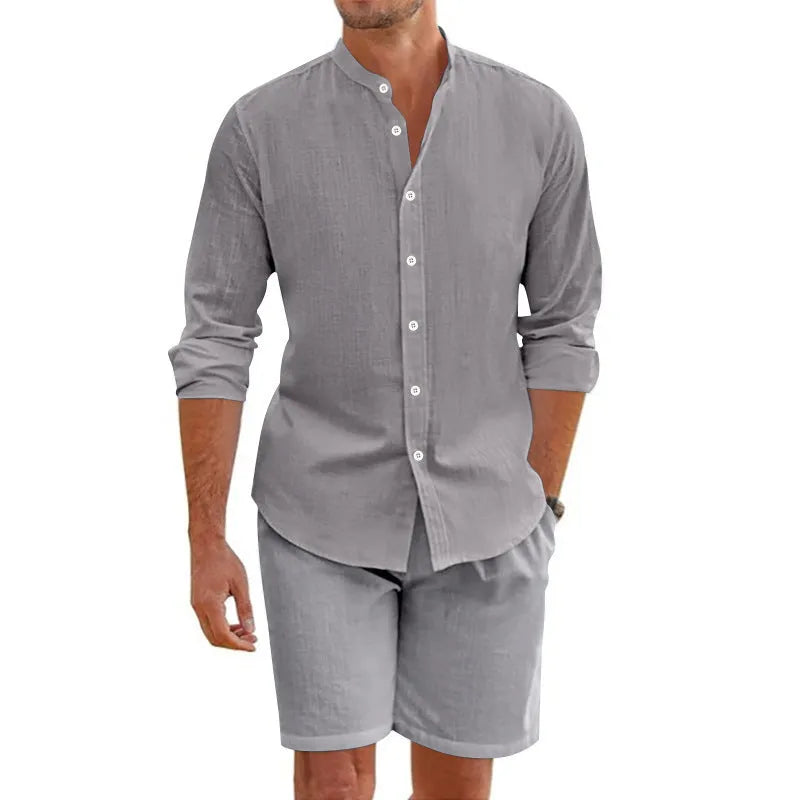 Men's dark grey hemp blend summer shirt suit with lapel button-down top and drawstring shorts