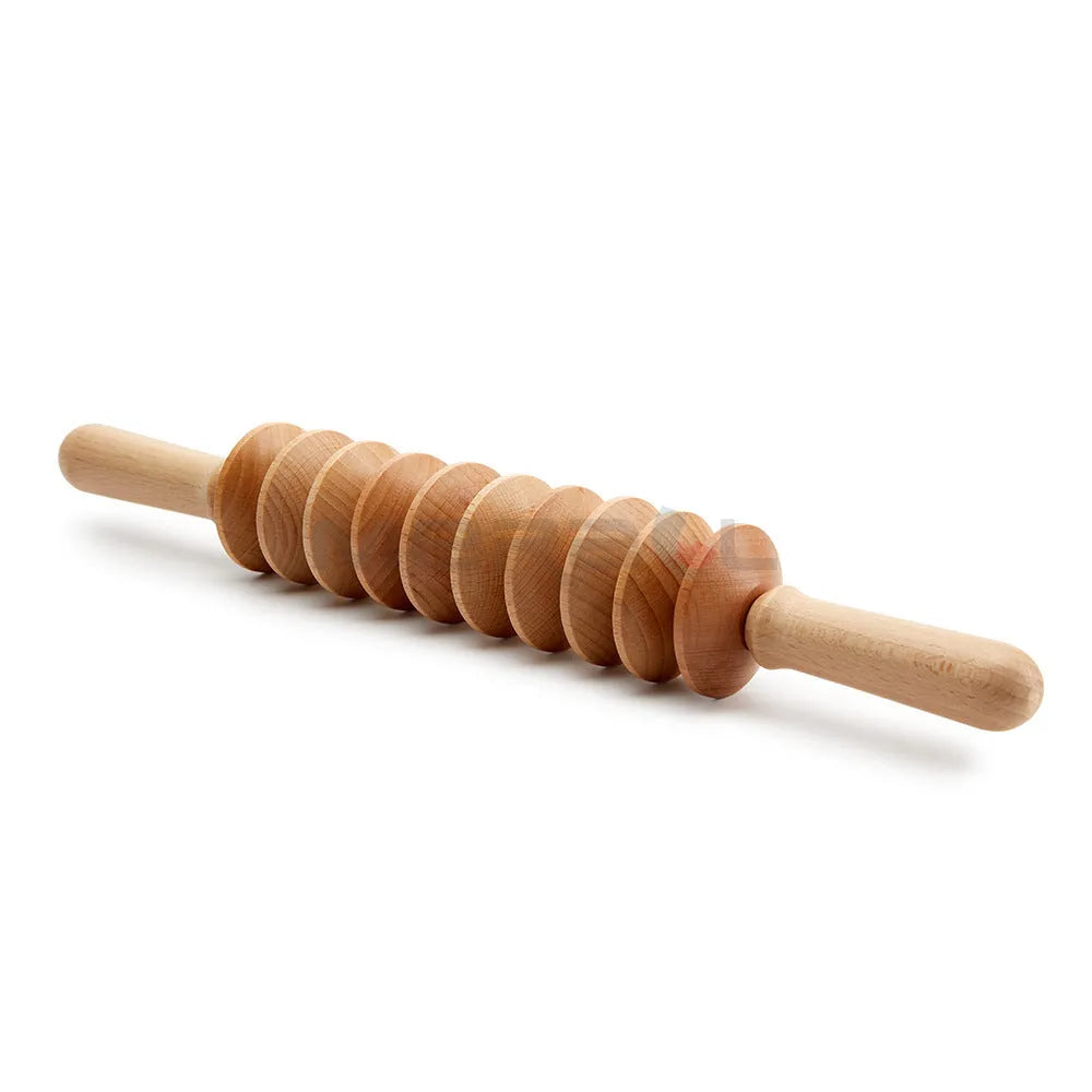 Assorted beech wood massage rollers including T-shaped and multi-wheel sets on a plain surface.