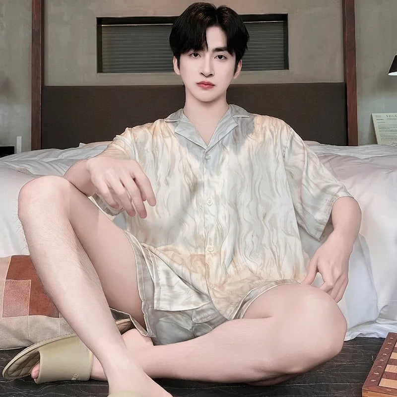Men's ice silk pajama set with cardigan top and shorts in satin jacquard pattern