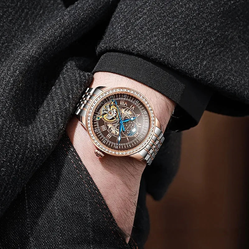 Men's round-dial waterproof watch with a stainless steel case and strap on a wrist.