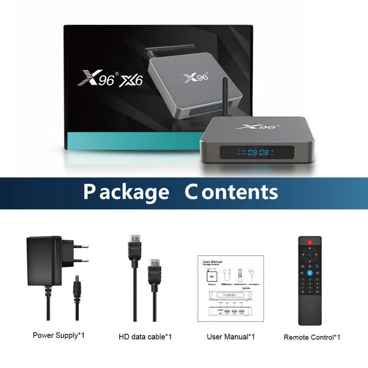 Android smart voice set-top box with remote control, HDMI cable, and dual band WiFi connectivity.