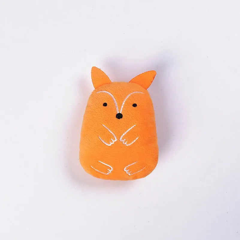 Small plush catnip toy with vocal feature for feline teeth grinding and claw play