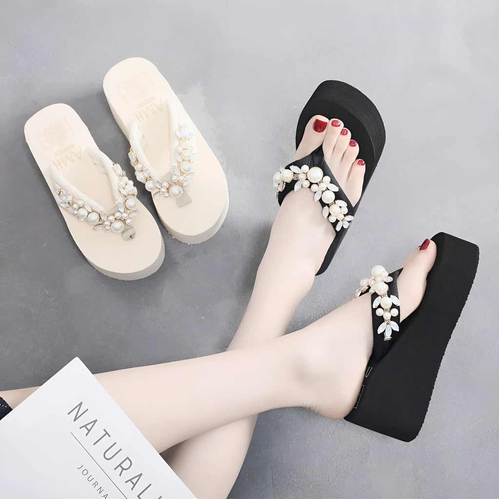 Women's high-heeled flip-flops in beige or black with cotton cloth upper
