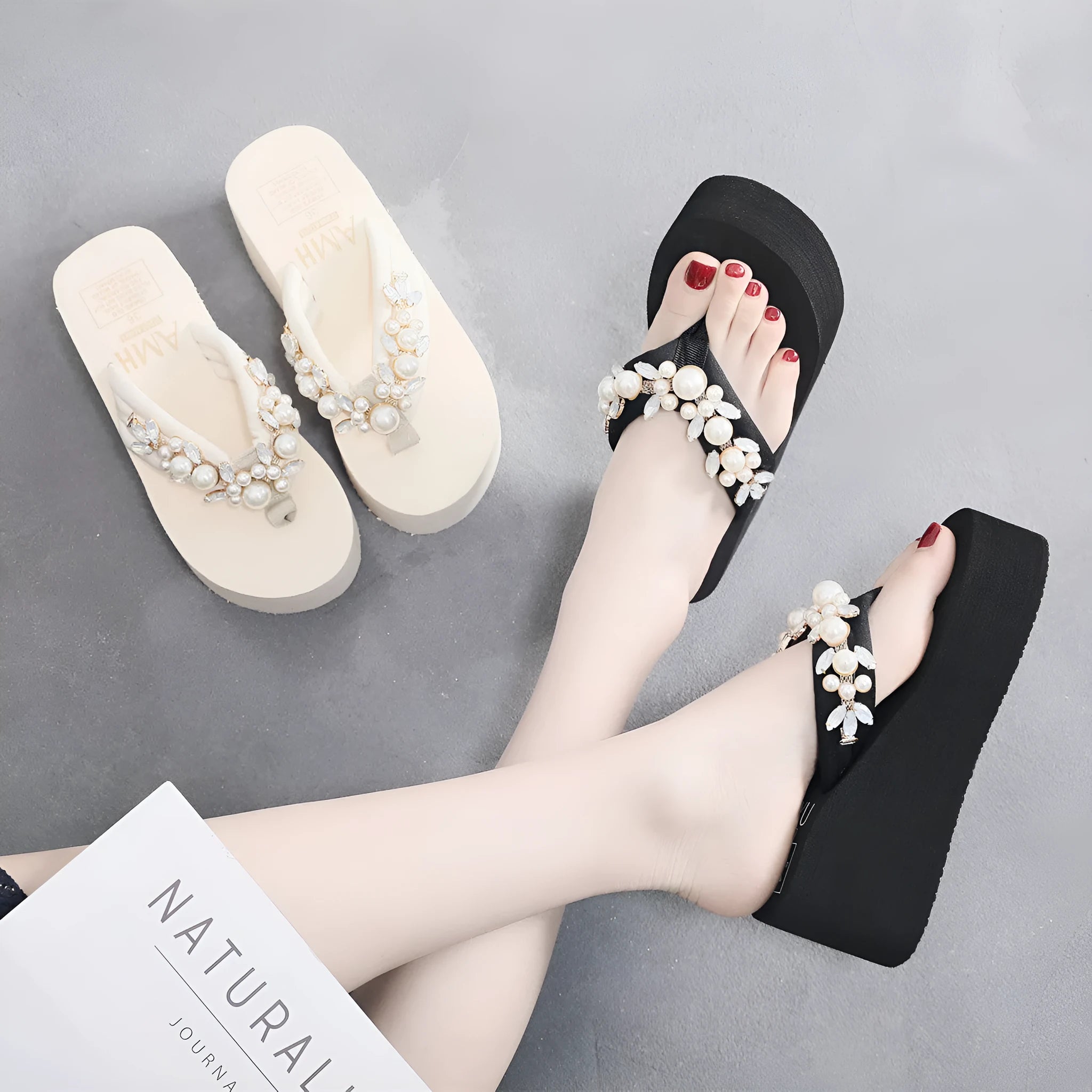 Women's high-heeled flip-flops in beige or black with cotton cloth upper