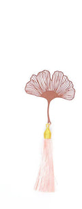 Brass metal bookmark with hollow maple leaf design and rose gold electroplated finish with attached tassel