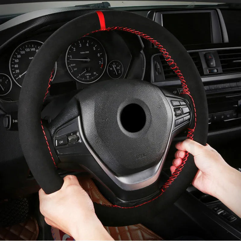 Suede steering wheel cover in various colours with contrast stitching for 38cm diameter steering wheels