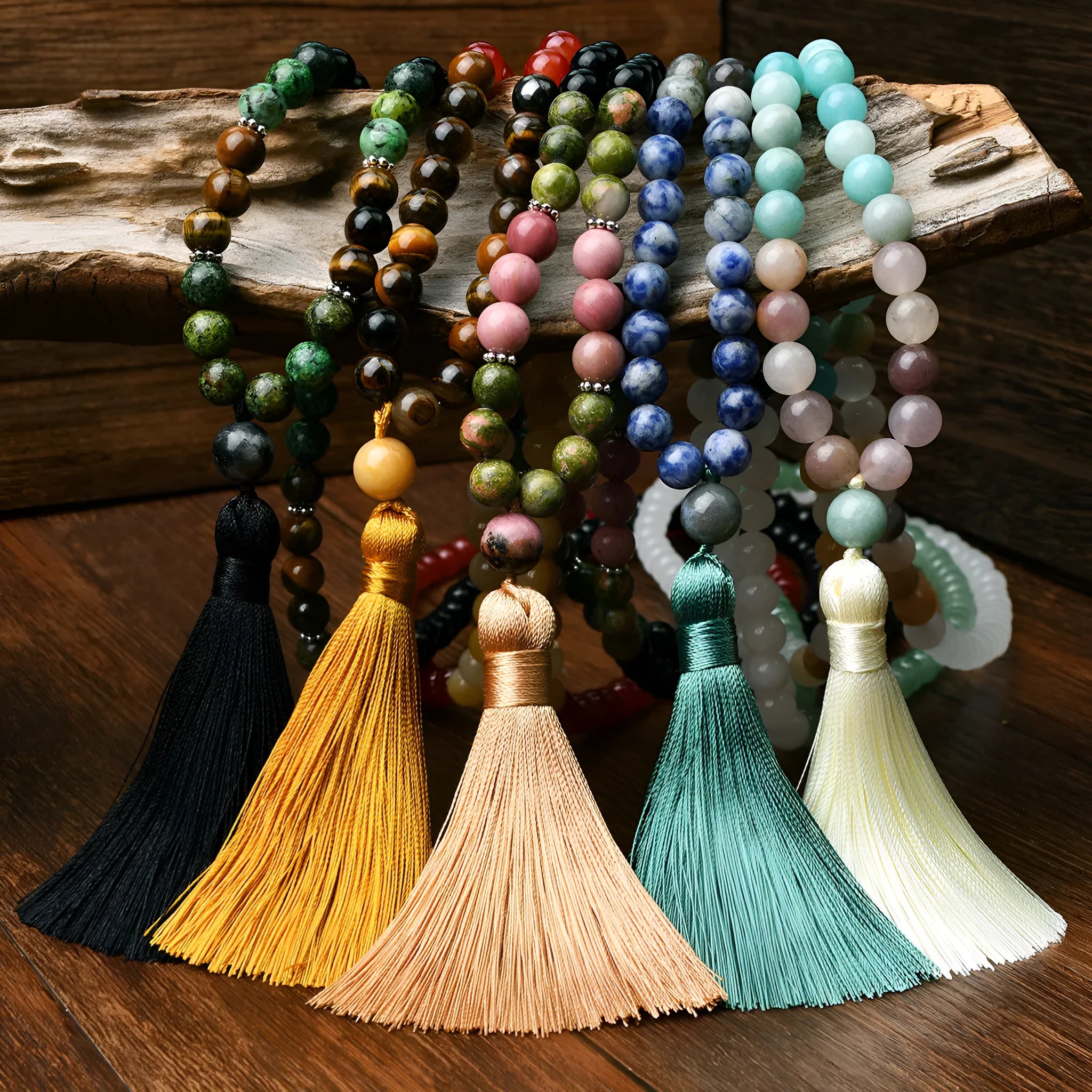 81cm long bohemian necklace with geometric gemstone pendant and 108 natural stone tassels.