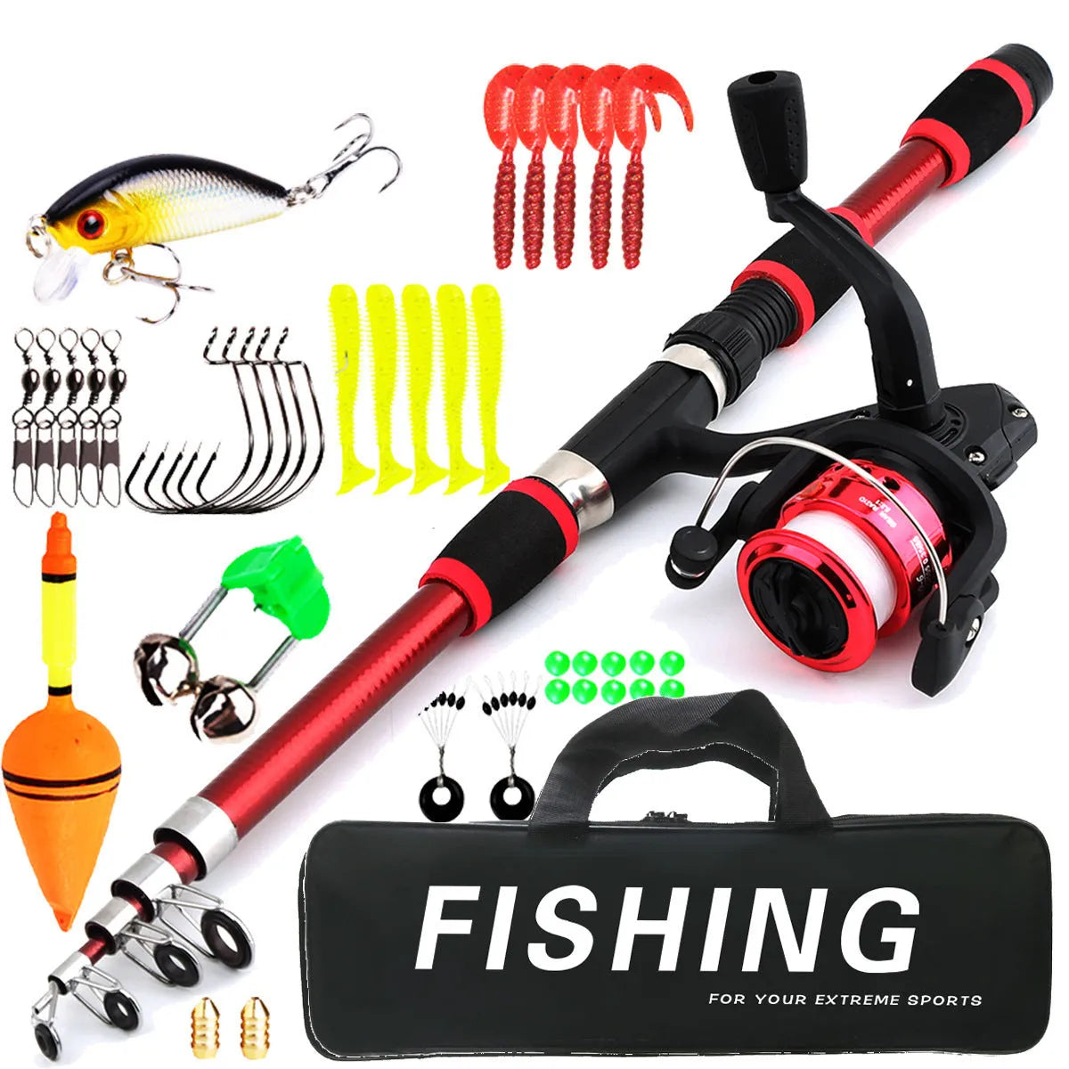 Children's beginner fishing rod and reel set in blue, green, red, or yellow colour options.