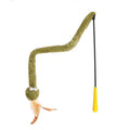 Green cat teasing stick with feather attachment measuring 140cm long for interactive play