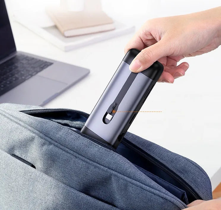 USB C dock expansion adapter showing HDMI, VGA, gigabit network, card reader, PD and USB 3.0 ports