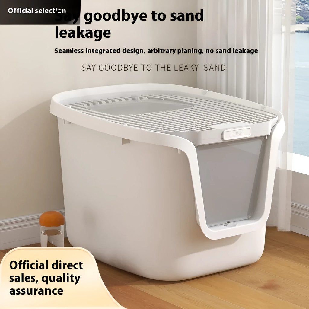 Fully enclosed splash-proof cat litter basin in grey with rolling tail top-in design and included accessories