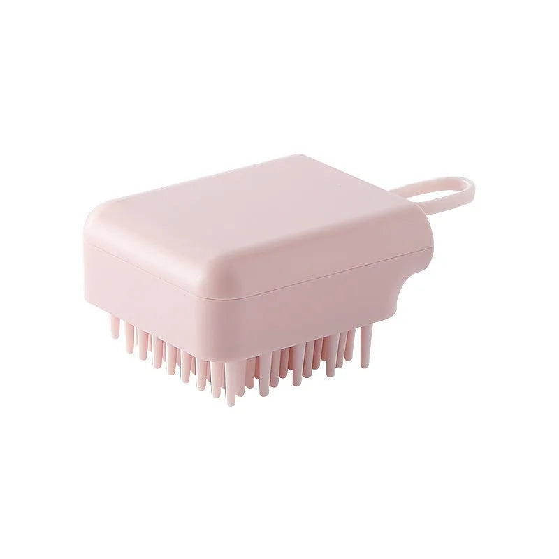 Pet bath massage brush with soft TPR bristles and ergonomic handle in white, blue, pink, yellow colours
