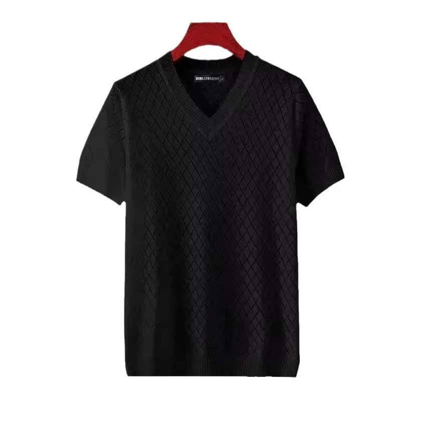 Men's ice silk T-shirt in black and white with V-neck and round neck options showing Korean-style design