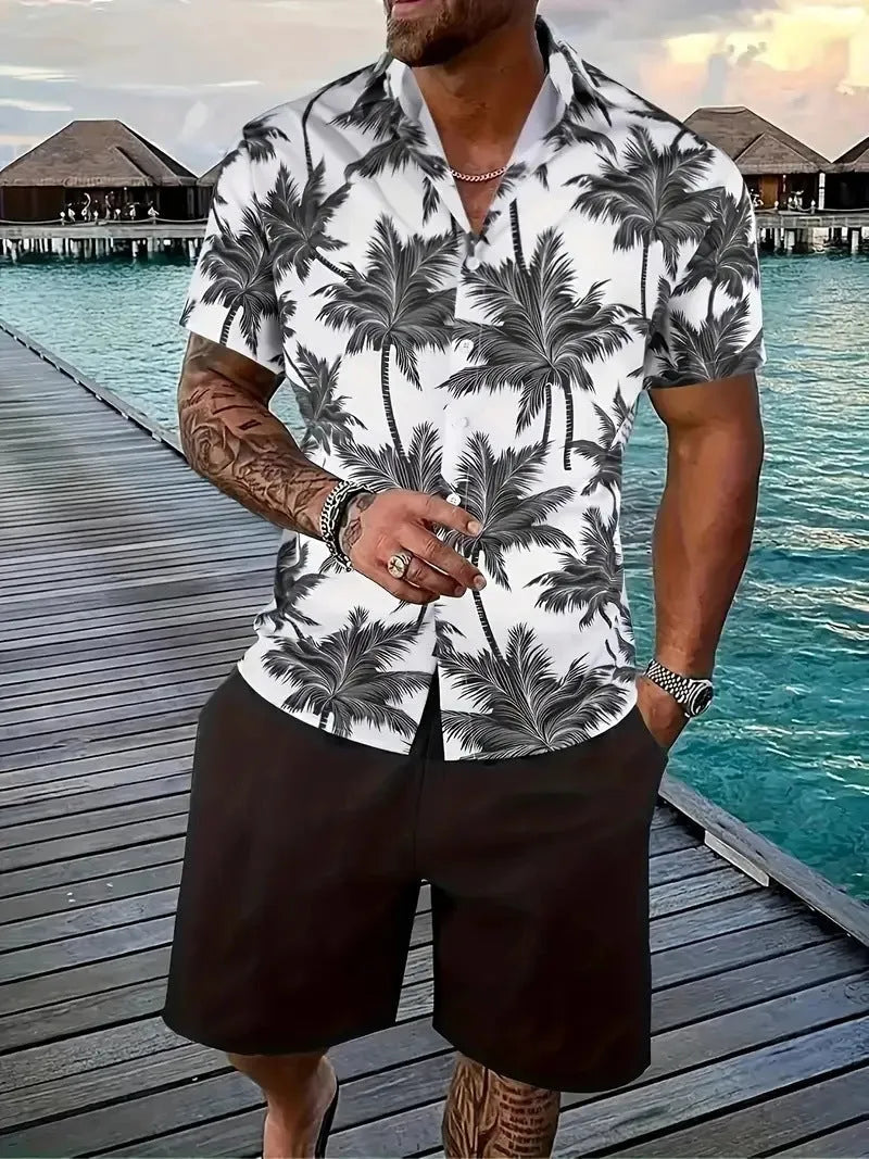 Men's Hawaiian patterned short sleeve suit with 3D print design and matching shorts