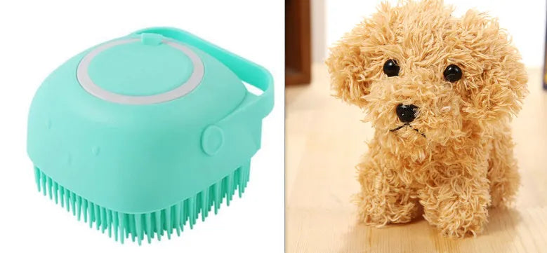 Blue silicone dog bath brush with handle for pet washing and massage during grooming