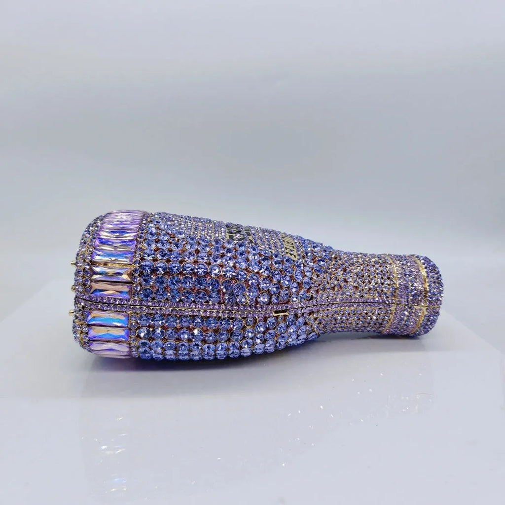 Gold champagne bottle-shaped rhinestone evening clutch bag with hard alloy construction.