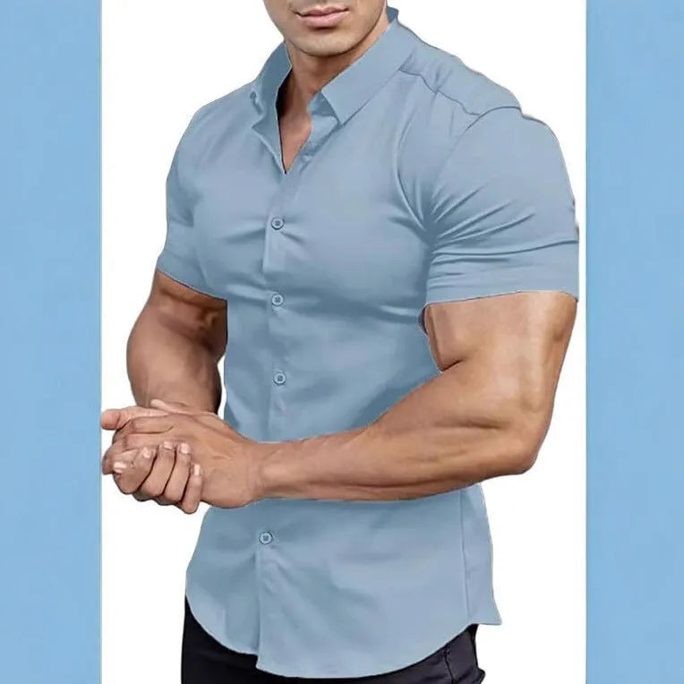 Men's short sleeve printed casual shirt in polyester, shown in multiple colour options.