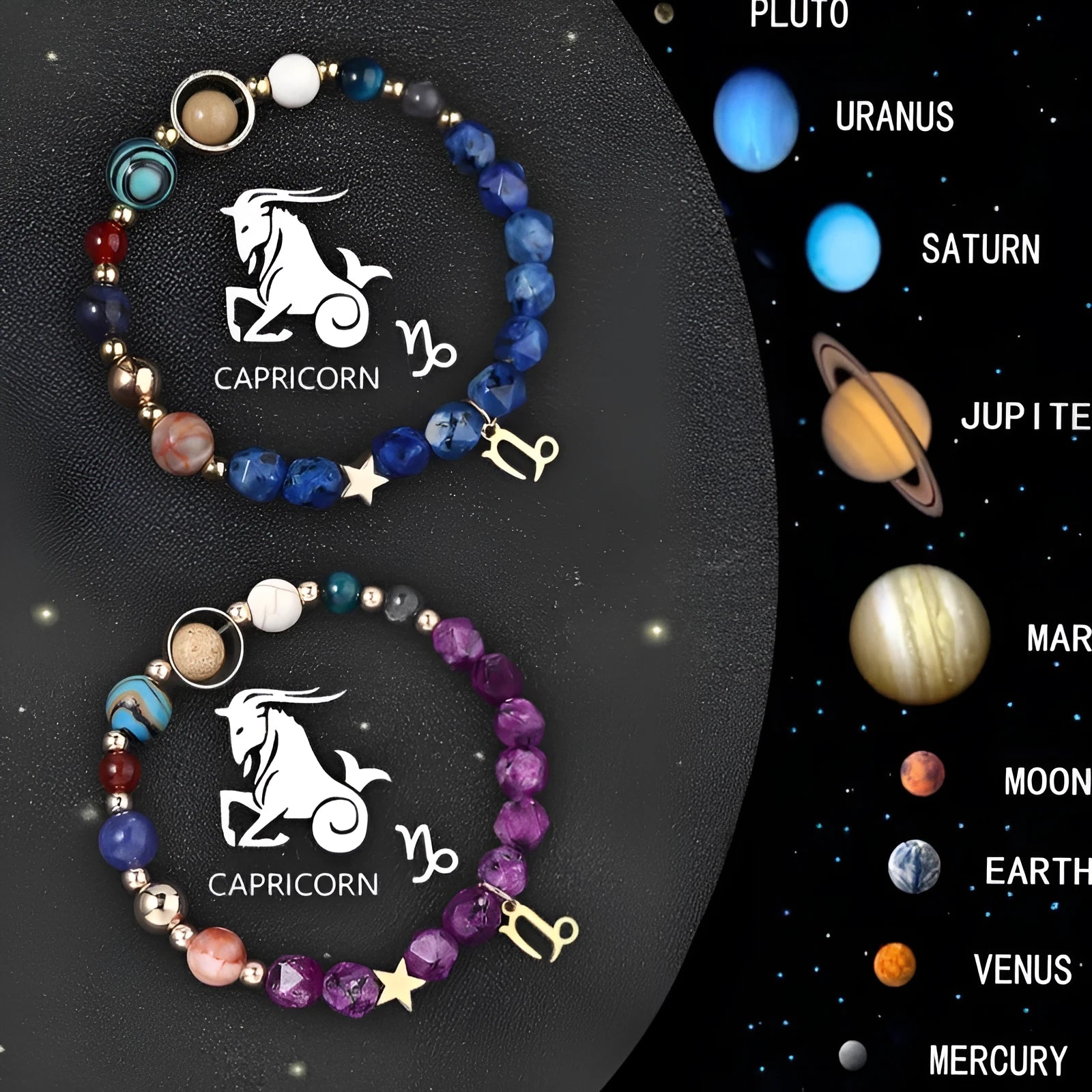 Set of twelve natural stone beaded bracelets featuring different zodiac sign designs