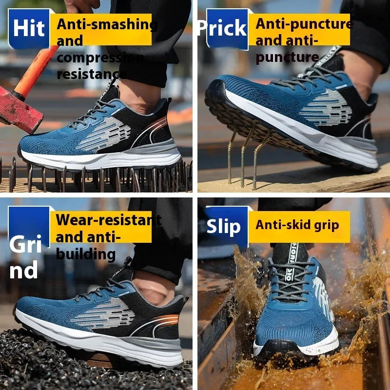Blue men's lightweight safety work shoes with plastic toe cap and lace-up closure