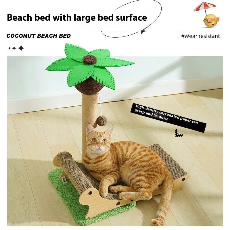 Wooden beach chair-style cat climbing frame with integrated nest, scratch board, and hemp mat