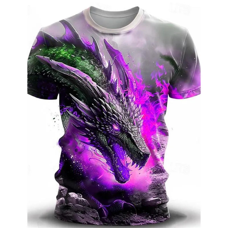Man wearing a grey t-shirt with a large blue and white 3D wind dragon graphic print on the front.