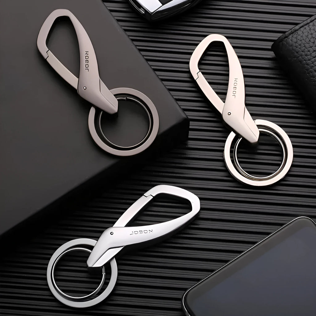 Zinc alloy double ring keychain in black, chrome or nickel colour showing 8.3cm by 3.5cm size