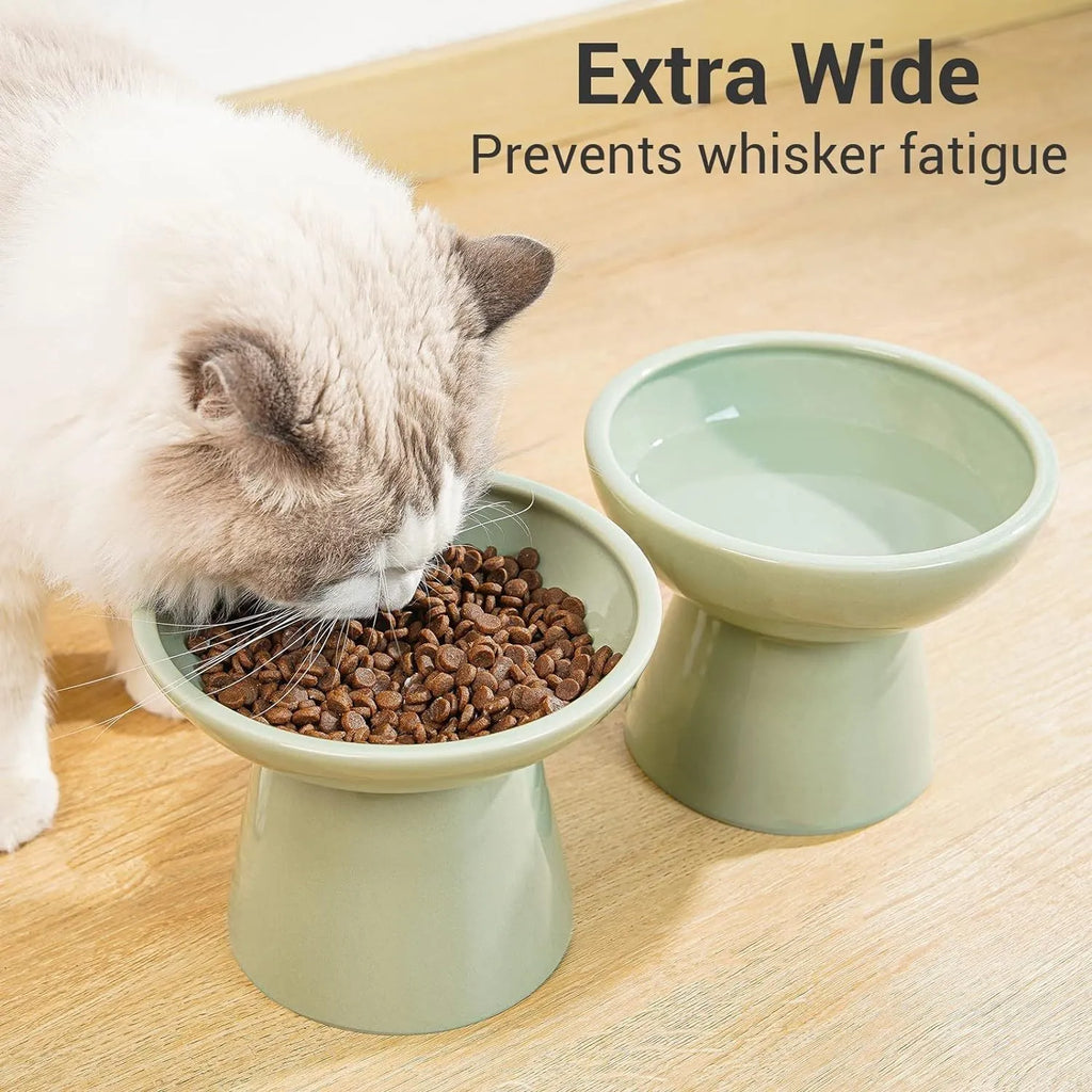 Extra wide elevated ceramic cat food bowl in blue green pink or white colour