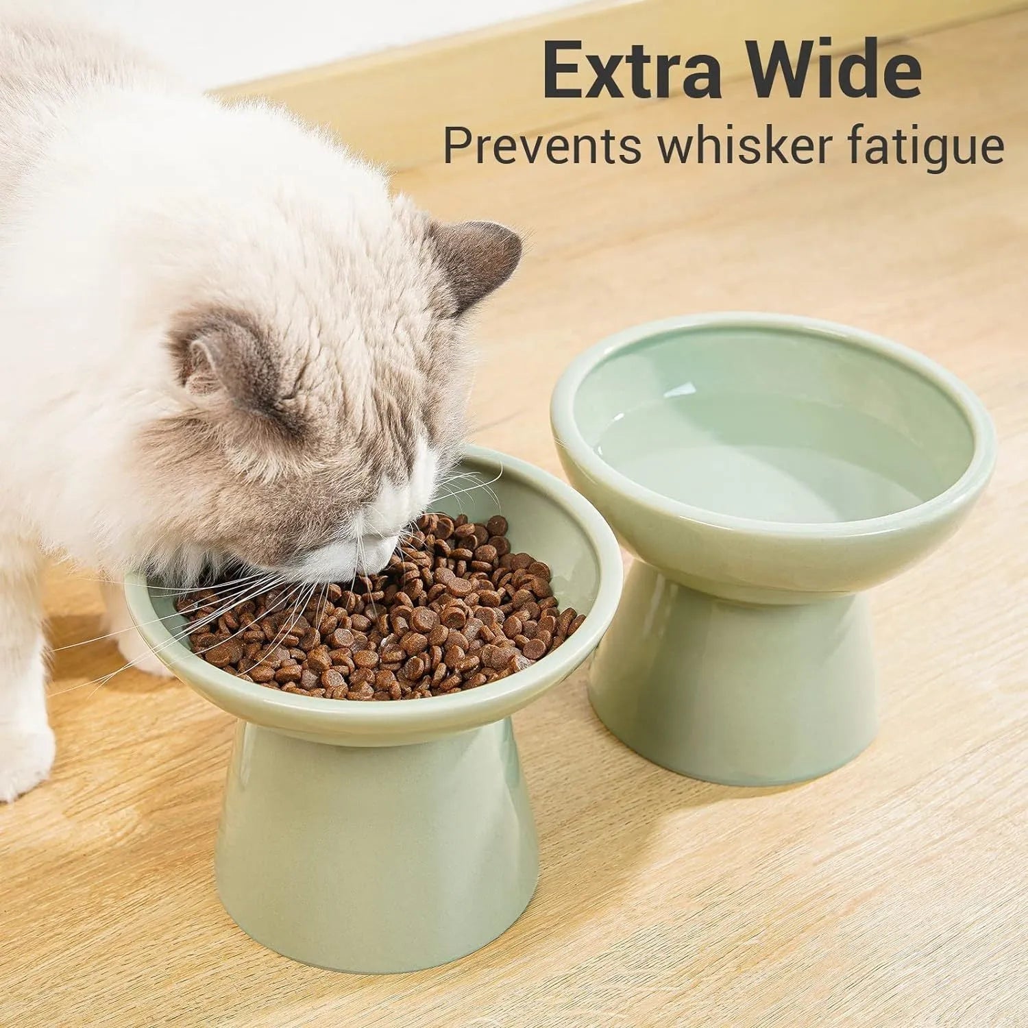 Extra wide elevated ceramic cat food bowl in blue green pink or white colour