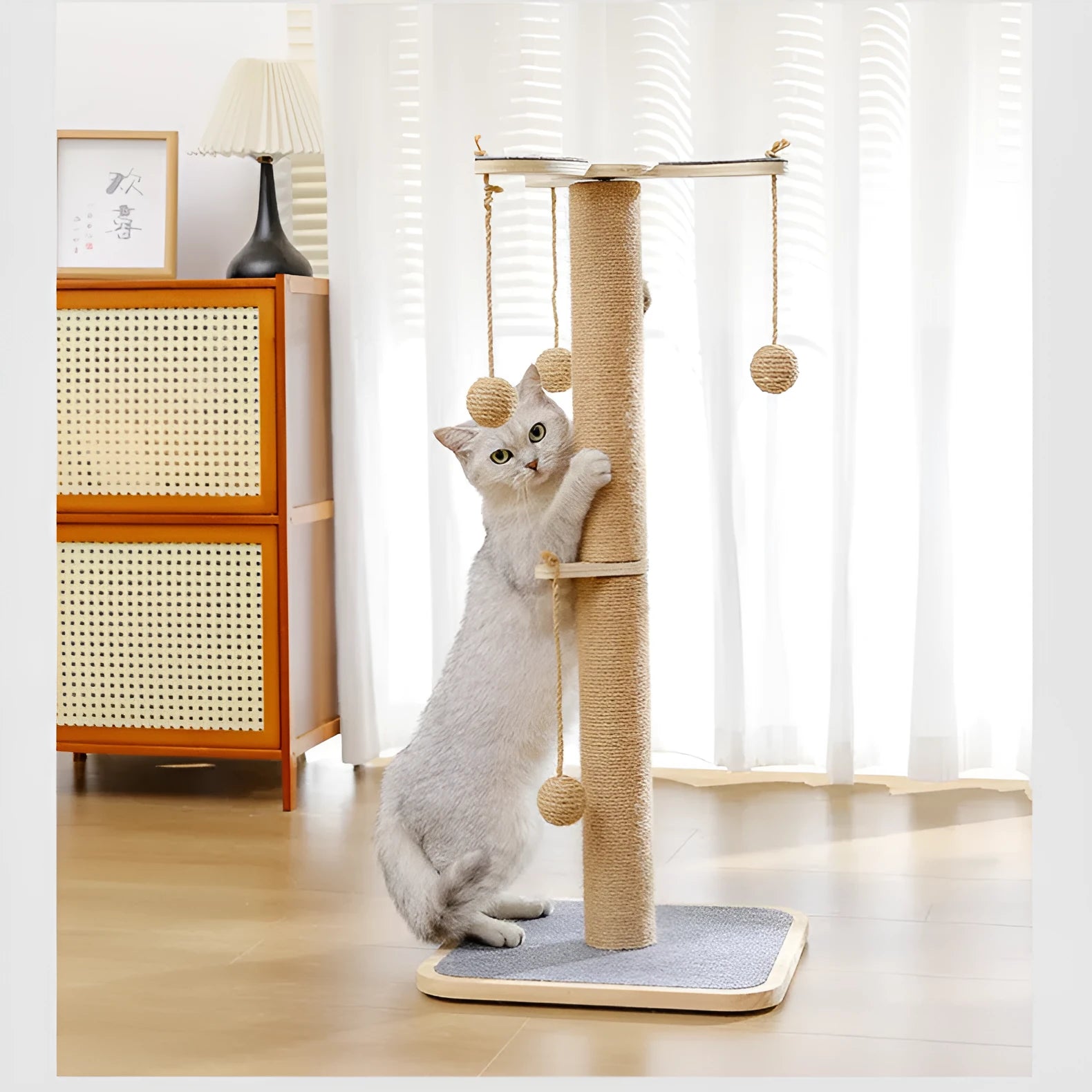 Windmill-shaped cat climbing frame with a hanging ball toy, made from pine wood and carpet leather.