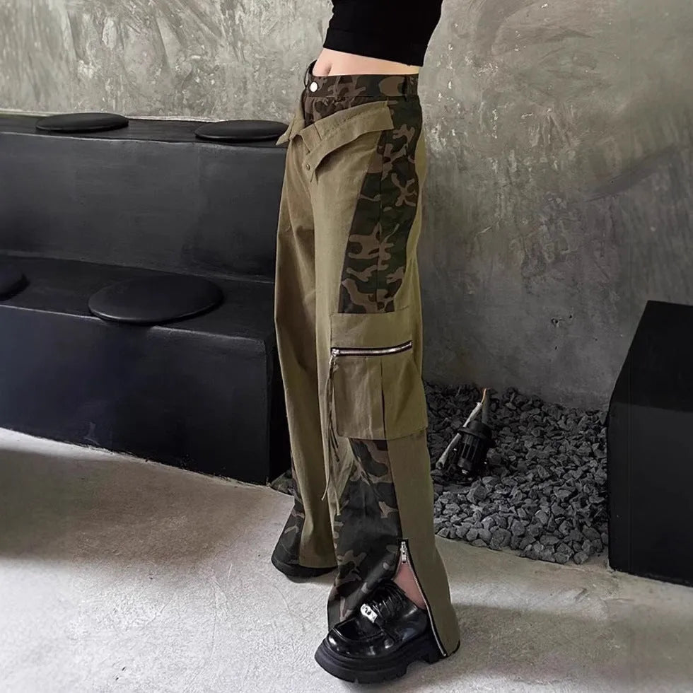 Women's high-waisted dark khaki jeans with leopard print and fake contrast stitching in a straight-leg style.
