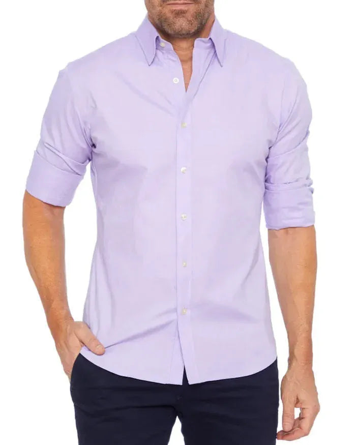 Long sleeve zipper shirt with button lapel in solid colour, slim fit, cotton four-sided elastic fabric for men