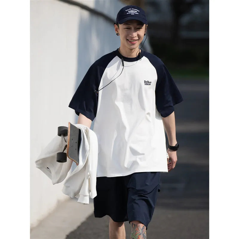 Men's blue casual raglan sleeve T-shirt with loose fit and thin fabric for layering