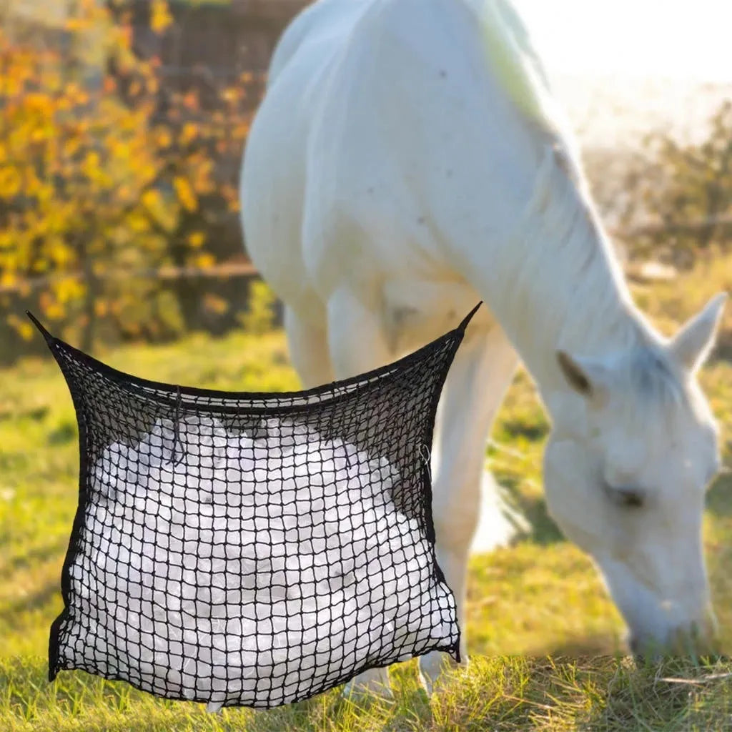 Woven black and white PE rope horse hanging feeding bag in various sizes for cattle and sheep.