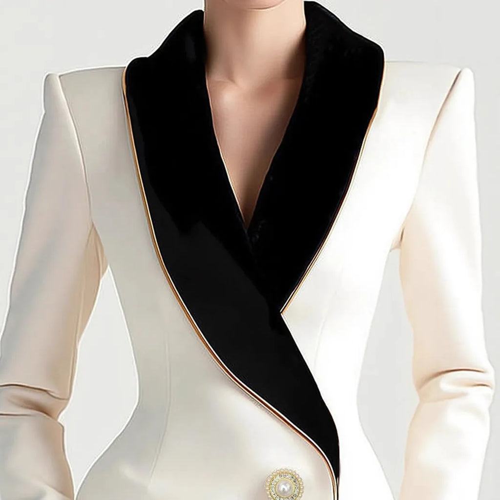 Women's beige irregular trench coat with golden edge pearl buttons and long sleeves
