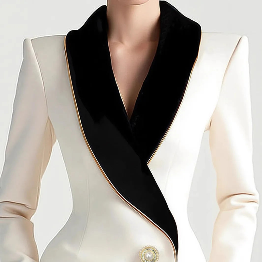 Women's beige irregular trench coat with golden edge pearl buttons and long sleeves